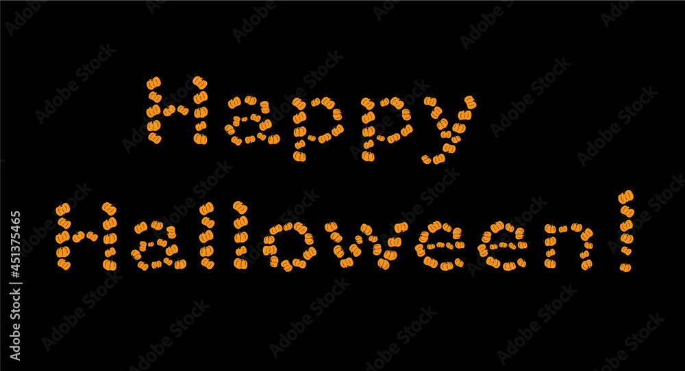 Words Happy Halloween made of pumpkins on black background. Vector template for invitations, cards, etc.