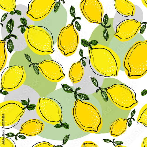 Seamless pattern with linear drawn yellow lemons on green and white background