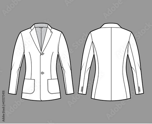 Blazer fitted jacket suit technical fashion illustration with single breasted, long sleeves, notched lapel collar, patch pockets, hip length. Flat coat front, back, white color. Women, men CAD mockup