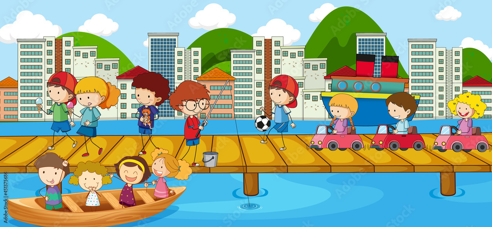 Scene with many dooddle kids cartoon character on the bridge crossing river