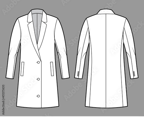 Oversized Blazer jacket suit technical fashion illustration with single breasted, long sleeves, notched lapel collar, thigh length. Flat coat template front, back, white color. Women, men CAD mockup
