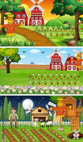 Different farm scenes with old farmer and animal cartoon character