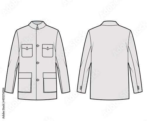 Mao jacket technical fashion illustration with oversized, classic collar, pockets, long sleeves, button closure. Flat coat apparel template front, back, grey color style. Women, men, unisex CAD mockup
