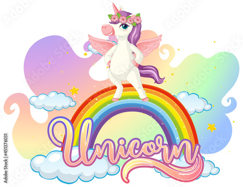 Cartoon character of unicorn standing on rainbow with unicorn font