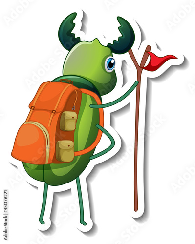 Sticker template with behind of a beetle cartoon character isolated