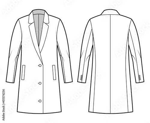 Oversized Blazer jacket suit technical fashion illustration with single breasted, long sleeves, notched lapel collar, thigh length. Flat coat template front, back, white color style. Women, CAD mockup