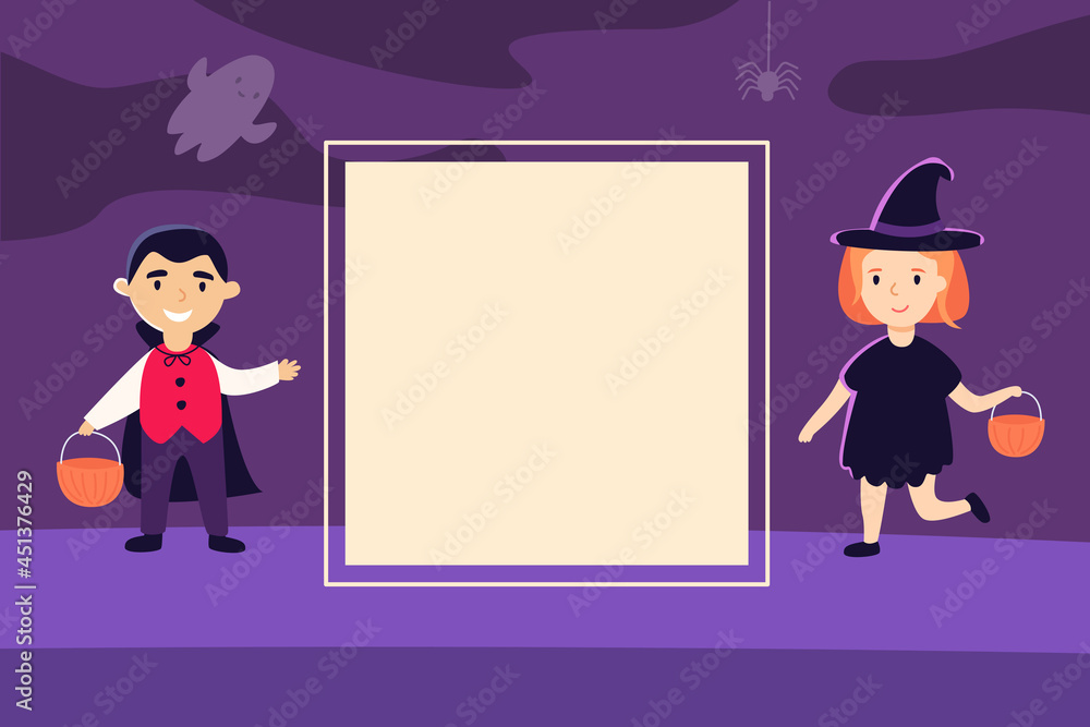 Halloween card with square frame and children. Vector illustration. Place for your text