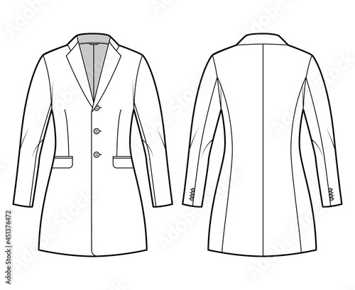 Jacket fitted Blazer structured suit technical fashion illustration with single breasted, long sleeves, flap pockets, fingertip length. Flat coat template front, back, white color. Women, men CAD