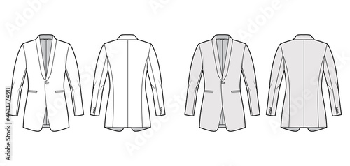 Dinner fitted jacket suit tuxedo technical fashion illustration with single breasted, jetted pockets. Flat coat blazer template front, back, white, grey color style. Women, men unisex CAD mockup