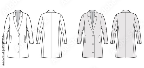 Oversized Blazer jacket suit technical fashion illustration with single breasted, notched lapel collar, thigh length. Flat coat template front, back, white, grey color style. Women, men CAD mockup