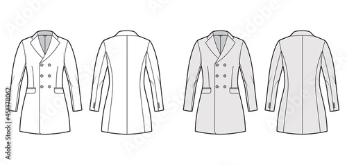 Fitted jacket double breasted suit technical fashion illustration with notched lapel collar, flap pockets, fingertip length. Flat Blazer coat template front, back, white, grey color. Women, men CAD