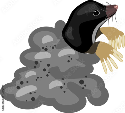 Cartoon mole and molehill isolated on white background