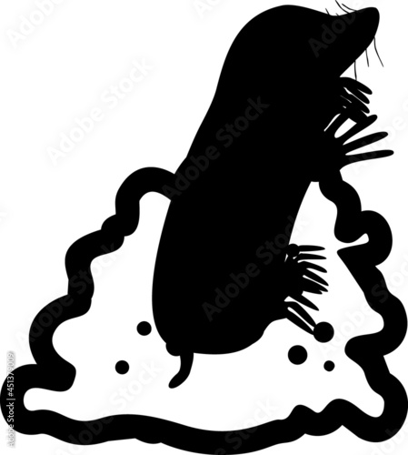 Black silhouette with cartoon mole and molehill isolated on white background
