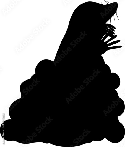 Black silhouette with cartoon mole and molehill isolated on white background