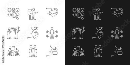 Effective communication linear icons set for dark and light mode. Socialization. Assertive speaker. Customizable thin line symbols. Isolated vector outline illustrations. Editable stroke