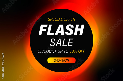Banner, poster with gradient fluid, liquidity and text Flash sale special offer 50 percent off discount in black round frame. Neon. 