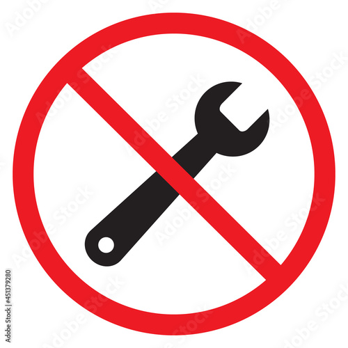 No repair tool on white background. No repair sign. stop repair symbol. flat style. Wrench icon in prohibition red circle.