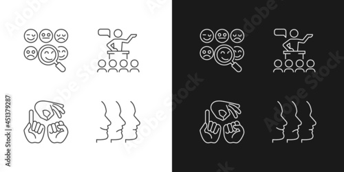 Building relationships with people linear icons set for dark and light mode. Reading emotions. Hand gestures. Customizable thin line symbols. Isolated vector outline illustrations. Editable stroke