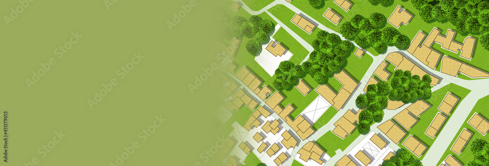 Imaginary city map with residential buildings, roads, gardens green areas and trees - green city concept with copy space and space for text