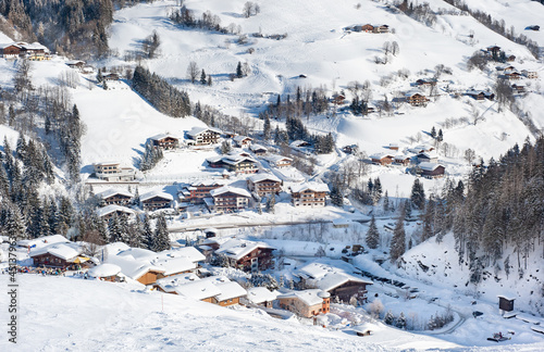 Ski slopes and mountains landscape in Saalbach - Hinterglemm resort, Austria.