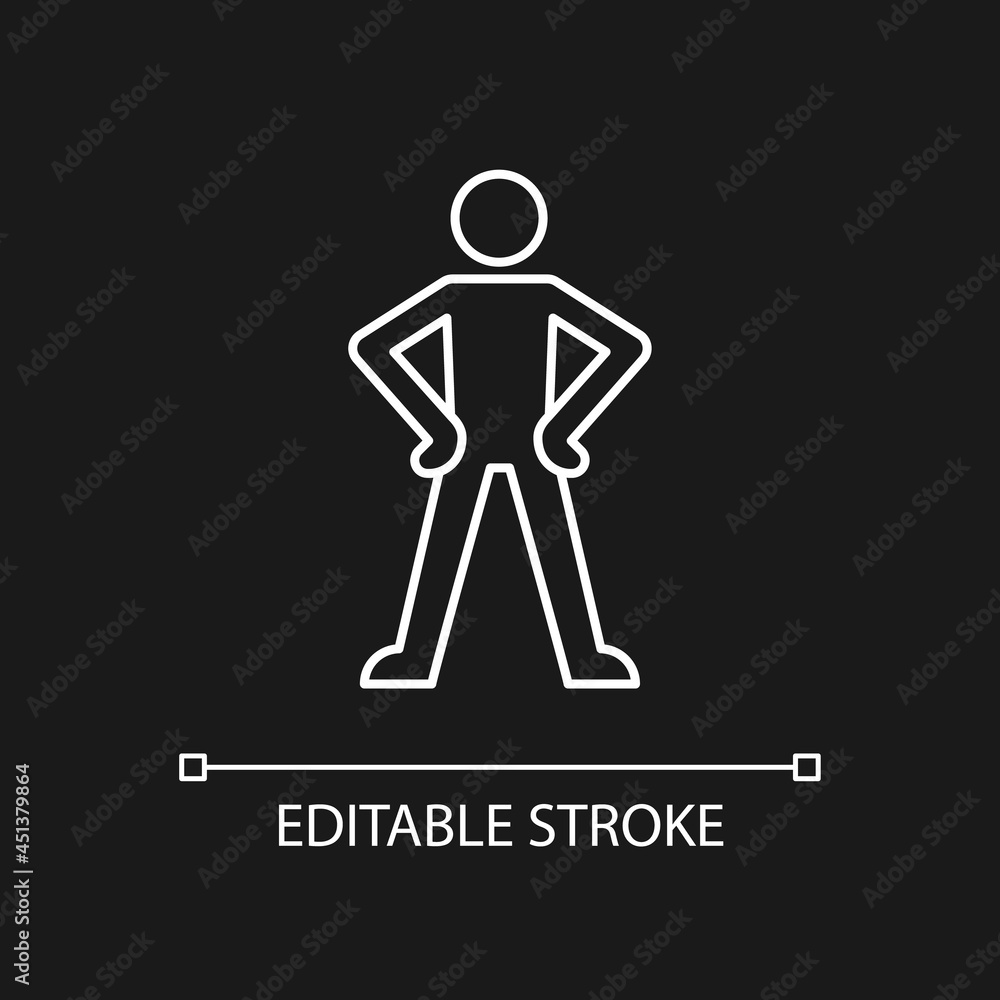 Confidence body language white linear icon for dark theme. Standing in confident posture. Thin line customizable illustration. Isolated vector contour symbol for night mode. Editable stroke Confidence body language white linear icon for dark theme. Standing in confident posture. Thin line customizable illustration. Isolated vector contour symbol for night mode. Editable stroke