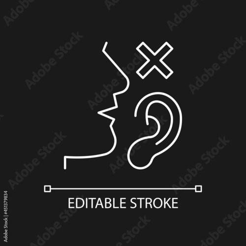Language disabilities white linear icon for dark theme. Physiological barriers to communication. Thin line customizable illustration. Isolated vector contour symbol for night mode. Editable stroke