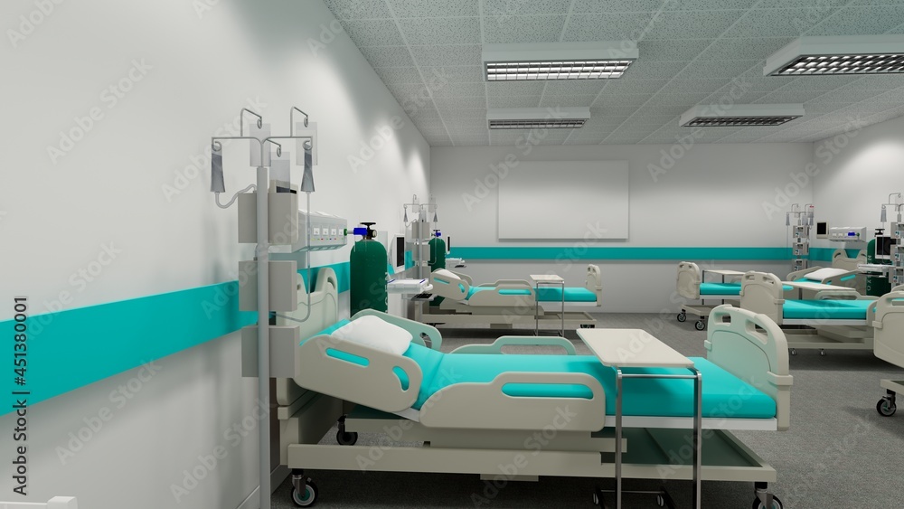Hospital room with beds .Empty bed and wheelchair in nursing a clinic or hospital .3d rendering room and comfortable sofa.Modern hospital,health care concept. Hospital room with beds .Empty bed and wheelchair in nursing a clinic or hospital .3d rendering room and comfortable sofa.Modern hospital,health care concept.