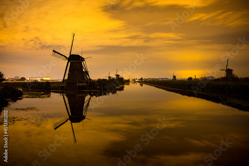 Dutch windmill in the evening. UNESCO World Heritage Site Kinderdijk