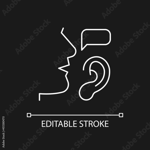 Active listening white linear icon for dark theme. Building trustful relationships. Full attention. Thin line customizable illustration. Isolated vector contour symbol for night mode. Editable stroke