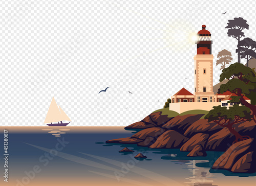 Lighthouse vector landscape. Beautiful sea landscape with a beacon on the cliff on transparent background. Vector illustration in flat cartoon style