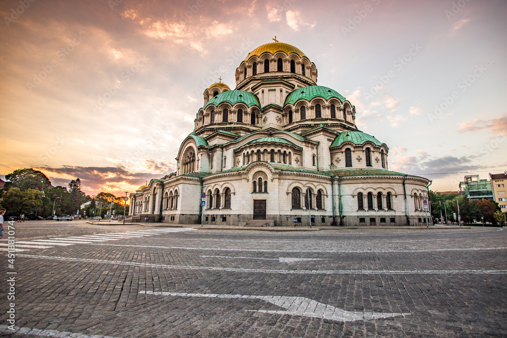 St. Alexander Nevsky Cathedral in the center of Sofia, capital of Bulgaria against the sunset sky.