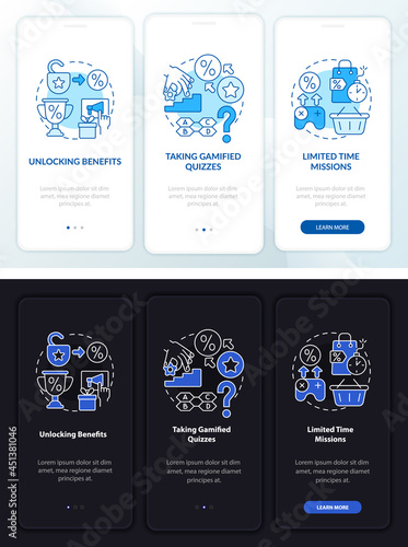 Gamified loyalty programs day, night onboarding mobile app page screen. Walkthrough 3 steps graphic instructions with concepts. UI, UX, GUI vector template with linear night and day mode illustrations