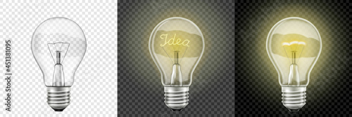 Glowing and Turned Off light bulbs. Vector 3d Realistic . Set with incandescent lamps, glowing yellow light bulbs, isolated on transparent background. Symbol of creative ideas