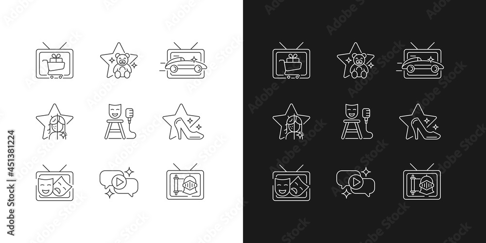 Television show linear icons set for dark and light mode. Shopping series. Children cartoon. Car racing. Customizable thin line symbols. Isolated vector outline illustrations. Editable stroke Television show linear icons set for dark and light mode. Shopping series. Children cartoon. Car racing. Customizable thin line symbols. Isolated vector outline illustrations. Editable stroke