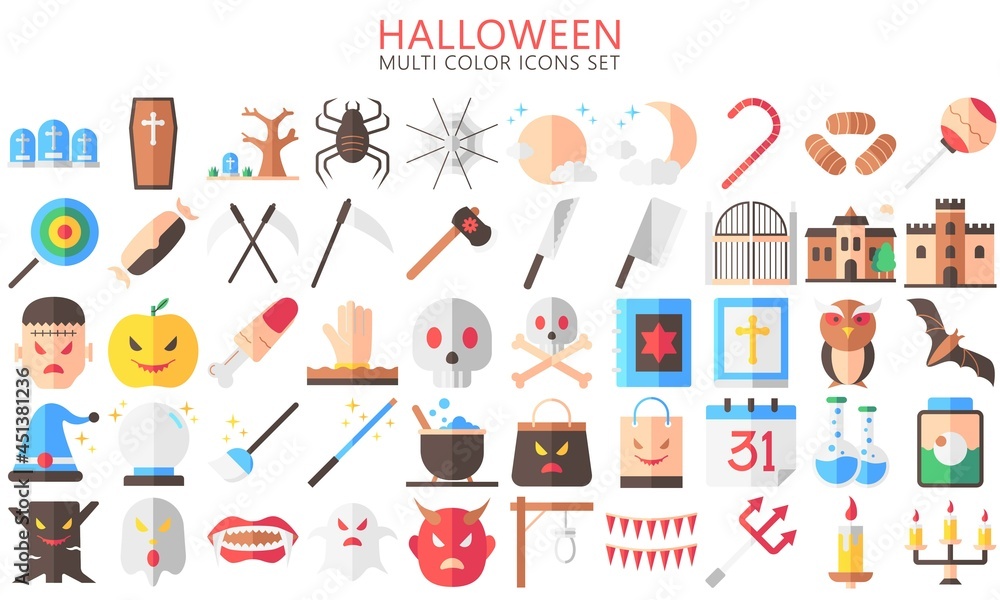 Halloween multi color Icons set, include ghost, candy, mask, skull, zombie, castle, moon and others. Used for modern concepts, web, UI or UX kit and applications, EPS 10 ready convert to SVG Halloween multi color Icons set, include ghost, candy, mask, skull, zombie, castle, moon and others. Used for modern concepts, web, UI or UX kit and applications, EPS 10 ready convert to SVG