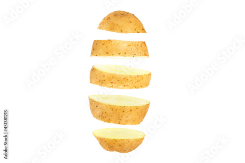 Obraz na płótnie Fresh raw potato falling in the air isolated on white background. Food levitation concept w salonie