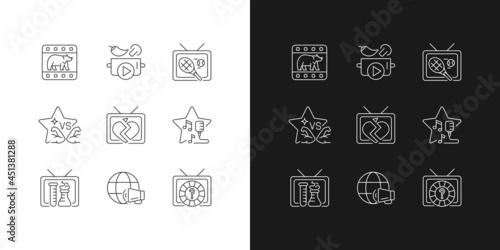 TV linear icons set for dark and light mode. Wildlife documentary. Cookery show. Tennis competition. Customizable thin line symbols. Isolated vector outline illustrations. Editable stroke