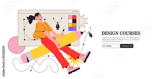 Woman designer flying on pencil. Creative or educational process banner, ad, landing page or poster for web design studio or courses. Generating ideas, imagination, inspiration concept.