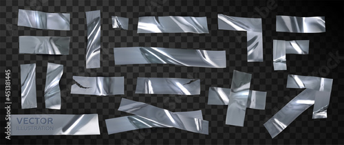 Set of isolated silver tape on a transparent background. Realistic pieces of silver scotch tape for attaching. Realistic 3D vector illustration.	