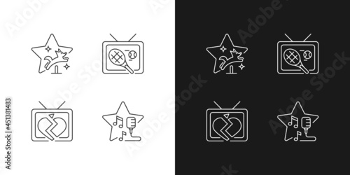 Television series genres linear icons set for dark and light mode. Pet training. Sport program, tennis broadcast. Customizable thin line symbols. Isolated vector outline illustrations. Editable stroke