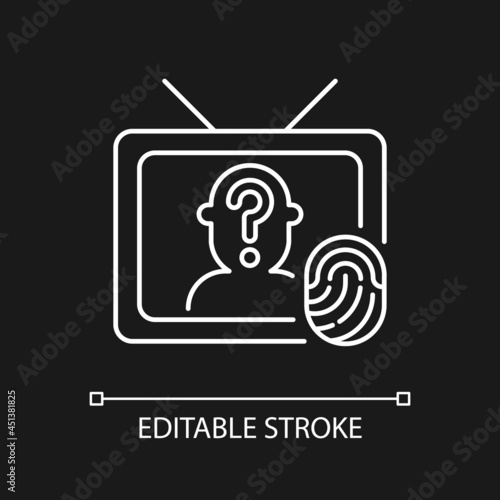 Online investigation show white linear icon for dark theme. True crime series. Criminal mystery. Thin line customizable illustration. Isolated vector contour symbol for night mode. Editable stroke