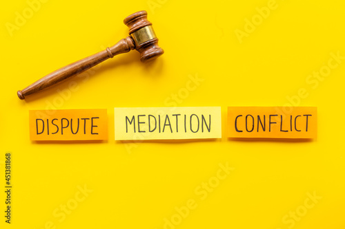 Mediation word with judge gavel. Business diplomacy conflict resolve concept