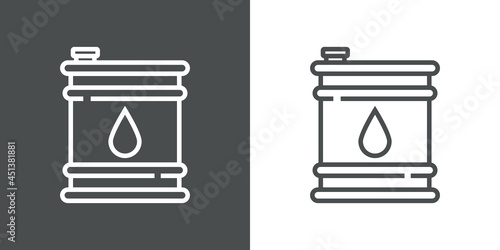 Icono plano silueta de barril metálico de aceite con gota de líquido con lineas en fondo gris y fondo blanco