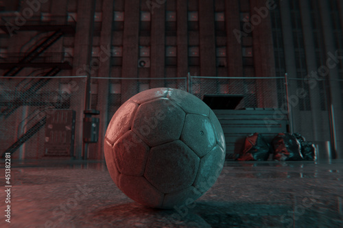 3d rendering of old soccer ball illuminated from neon lights at night