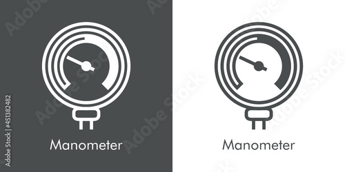 Icono plano con texto Manometer y silueta de manómetro con lineas en fondo gris y fondo blanco