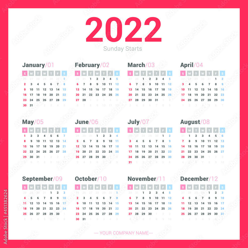 Calendar 2022 Simple Style. Week starts on Sunday Basic, Clear and useful calendar.