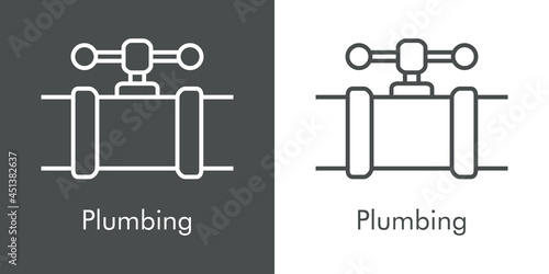 Icono plano con texto Plumbing y silueta de tubería con grifo con lineas en fondo gris y fondo blanco