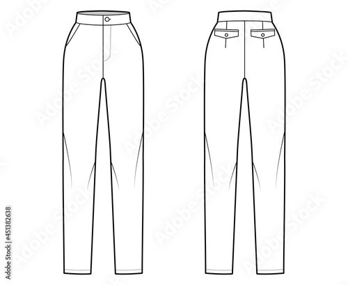 Pants slim fitted straight technical fashion illustration with normal waist, high rise, slashed pockets. Flat bottom trousers apparel template front, back, white color. Women men unisex CAD mockup
