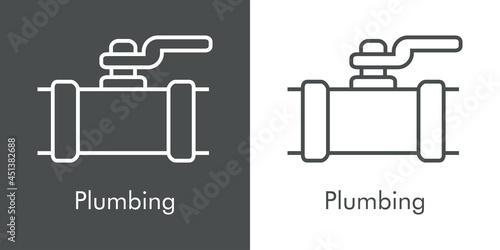 Icono plano con texto Plumbing y silueta de tubería con grifo con lineas en fondo gris y fondo blanco