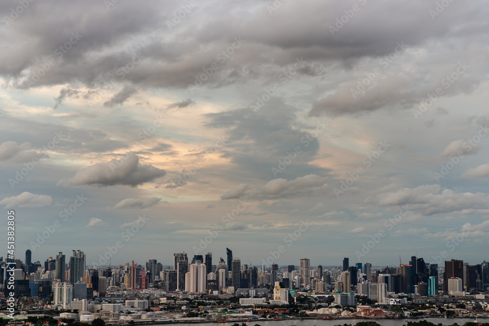Bangkok, thailand - Jul  19, 2021 : Aerial view of Beautiful scenery view of Skyscraper Evening time before Sunset creates relaxing feeling for the rest of the day. Selective focus.